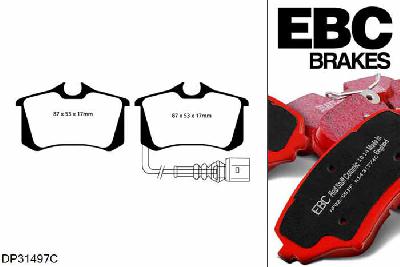 DP31497C, VW Golf Mk5, 2.0 D 75 PK 2004-2009, EBC Redstuff remblokken set achteras, Voor modellen met TRW remklauwen aan de achteras, Voor modellen met remschijf diameter van 255mm aan de achteras