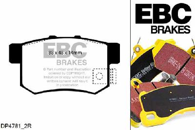 DP4781/2R, Honda Accord, 2.0 Tourer (CM1) Accord, EBC Yellowstuff remblokken set achteras Voor modellen met Akebono remklauwen aan de achteras, Voor modellen met remschijf diameter van 282mm aan de achteras