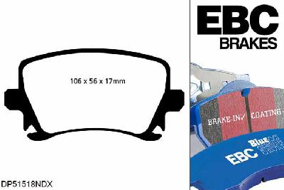 DP51518NDX, VW Jetta, 1.4 Turbo 2006-2010, EBC Bluestuff remblokken set achteras, Voor modellen met TRW remklauwen aan de achteras, Voor modellen met remschijf diameter van 286mm aan de achteras