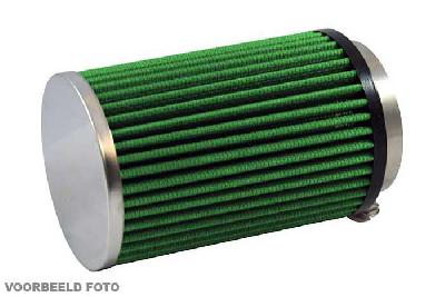 70mm aansluitdiameter, GRB2.70, Green Luchtfilter universeel, Cilindrisch single cone, Lengte filter 100mm, Buitendiameter onder 120mm, Buitendiameter kap 120mm, Chroom kap, centraal, 30 graden hoek