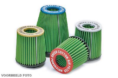 85mm aansluitdiameter, GRTB2.85, Green Luchtfilter universeel, Powerflow cilindrisch, Lengte filter 150mm, Buitendiameter onder 120mm, Buitendiameter kap 120mm, Blauw geannodiseerde kap, centraal