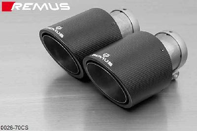 0026 70CS, Mazda CX-3, 2WD / AWD, type DK, Year 2015- , 2.0l 88 kW, 2.0l 110 kW, 1.5l Diesel 77 kW, Remus Tail pipe set L/R consisting of 2 Carbon tail pipes round 102 mm angled, Titanium internals, with adjustable spherical clamp connection