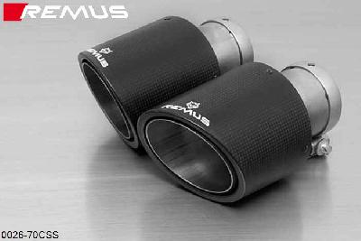 0026 70CSS, Mini Cooper S Clubman F54 (5 door), Year 2016- , 2.0l Turbo 141 kW, Remus Tail pipe set L/R consisting of 2 Carbon tail pipe round 102 mm angled/angled, Titanium internals, with adjustable spherical clamp connection