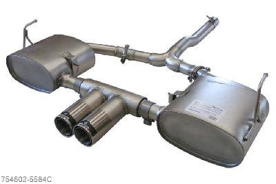 754602 5584C, Mini Cooper S R50, Year 2002- , 1.6l 120 kW, Remus Sport exhaust left and sport exhaust right with centered 2 tail pipes round 84 mm Street Race (tail pipe position in the middle of the rear skirt)