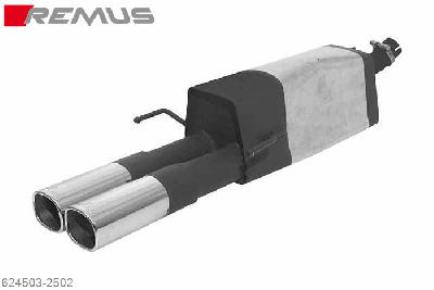 624503 2502, Opel Astra G-Sedan (slip connection), type T98/NB, 1.6l 55/62 kW (Z16SE), Year 2003- ,Chassis no. Y2230813- , 1.6l 76 kW (Z16XEP), Year 2003- ,Chassis no. Y2230813- , 1.6l 74 kW (Z16XE), Year 2003- ,Chassis no. Y2230813- ,, 1.8l 85/92 kW (Z18XE), Year 2003- ,Chassis no. Y2230813-, Remus Sport exhaust with 2 tail pipes 92x78 mm, not suitable in combination with a towbar!