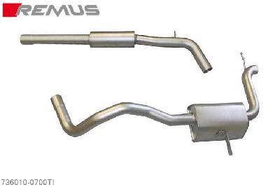 736010 0700TI, Renault Megane III RS Coupe, type Z, Year 2010- , 2.0l TCE 184 kW (F4RM8), Megane III RS Coupe, type Z, Year 2012, 2.0l 191 kW (F4RM8), 2.0l 195 kW (F4RM8), Remus Titanium sport exhaust centered, cat-back, incl. front silencer, fits in combination with the original rear skirt integrated tail pipe