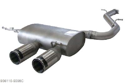 956110 5598C, VW Golf VI R, type 1K, Year 2010- , 2.0l TSI 199 kW (CDLF), Remus Sport exhaust round 70 mm centered with 2 tail pipes round 98 mm Street Race incl. connection tube round 70 mm (fits on original front silencer with adaptor)