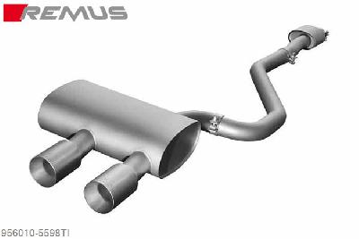 956010 5598TI, VW Golf VI R, type 1K, Year 2010- , 2.0l TSI 199 kW (CDLF), Remus Titanium sport exhaust round 70 mm centered with 2 tail pipes round 98 mm incl. connection tube round 70 mm (fits with adapter onto original front silencer)