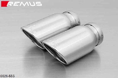 0026 55S, VW Polo 5 GTI Facelift, type 6R, Year 2014- , 1.8l TSI 141 kW (DAJ), Remus Tail pipe set 2 tail pipes round 84 mm angled, chromed, with adjustable spherical clamp connection