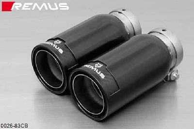 0026 83CB, VW Polo 5 GTI Facelift, type 6R, Year 2014- , 1.8l TSI 141 kW (DAJ), Remus Tail pipe set 2 tail pipes round 84 mm Street Race Black Chrome, with adjustable spherical clamp connection