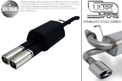 Ulter Sport, Einddemper, Geheel RVS, Dubbel Rechthoek 80x65mm, Ford, FIESTA VI, 1.3 51kW, 1.4 16V 59kW, 2002-2005, Pasklaar, Past op originele middendemper/katalysator