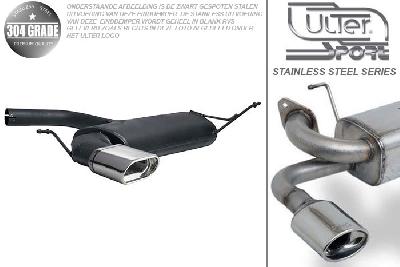Ulter Sport, Einddemper, Geheel RVS, Enkel plat ovaal 145x75mm, VW, GOLF V, 1.4 55kW, 1.4 FSi 66kW, 1.6 75kW, 1.6 FSi 85kW, 2.0 FSi 110kW, 2.0 Sdi 55kW, 1.9 TDi 66/77kW, 2.0 TDi 100/103kW, 2003-, Pasklaar, Past op originele middendemper/katalysator