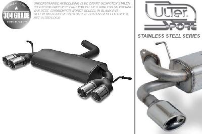 Ulter Sport, Einddemper L+R, Geheel RVS, Dubbel Rond 70mm, VW, GOLF V, 1.4 55kW, 1.4 FSi 66kW, 1.6 75kW, 1.6 FSi 85kW, 2.0 FSi 110kW, 2.0 Sdi 55kW, 1.9 TDi 66/77kW, 2.0 TDi 100/103kW, 2003-, Pasklaar, Past op originele middendemper/katalysator