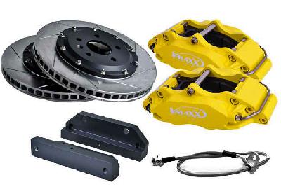 20 PE330 05X-Yellow, V-Maxx Big brake kit 330mm, Peugeot 308 SW Alle vanaf 82 KW tot 147 KW exclusief / all models from 82 KW maxx 147 KW Bouwj. 09/07 - 09/13, Yellow painted aluminium 4-pots caliper, Wheelsize: 17 inch or more, Incl. 2 metaalomvlochten remleidingen