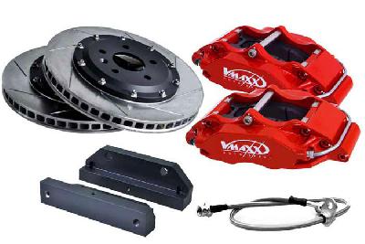 20 PE330 04X, V-Maxx Big brake kit 330mm, Peugeot PARTNER Alle vanaf 55KW tot 88 KW exclusief / all models from 55 KW maxx 88 KW Bouwj. 02/08 - 7 / B9, Red painted aluminium 4-pots caliper, Wheelsize: 17 inch or more, Incl. 2 metaalomvlochten remleidingen