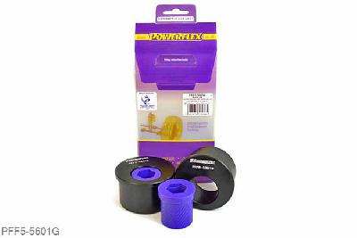 PFF5-5601G, BMW Z4 E85 and E86 (2003-2009), Front Wishbone Rear Bush, Caster Offset PFF5-5601G offers additional +0.5 of caster over PFF5-5601 and is a high performance option to PFF5-4601, and aimed at offering greater precision with improved geometry for people wanting the very best from their E46 or Z4. This new part, fitted to the rear of the front wishbone has a hard anodised aluminium outer shell with one of our unique low friction polyurethane centre bushes. The poly/alu combination creates a low friction rotating bush reducing the forces acting on the arm. Lower arm deflection has been decreased by reducing the compliant material within the aluminium shell. Results are less movement in the arm under cornering and braking, improving steering control and feel. This bush is designed to fit the 66mm aluminium bush OE mounting bracket (BMW part 31126783376) Please ensure you have the correct size bush before fitting. Testing during the development of this bush has indicated stiffness gains of 128% compared with the original rubber bush. Our Black Series part increases siffness by 28%, to give an 190% increase in stiffness over the original part 66mm, 2 stuk(s) benodigd  per auto, 2 stuk(s) in verpakking, prijs per set van 2 stuk(s)