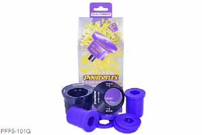 PFF5-101G, Mini Mini Generation 1 (R50/52/53) (2000 - 2006), Front Wishbone Rear Bush, Caster Adjusted PFF5-101G offers additional +2 of caster and is a high performance option to PFF5-101. Aimed at offering greater precision with improved geometry for people wanting the very best from their Mini. This new part, fitted to the rear of the front wishbone has a hard anodised aluminium outer shell with one of our unique low friction polyurethane centre bushes. The poly/alu combination creates a low friction rotating bush reducing the forces acting on the arm. Lower arm deflection has been decreased by reducing the compliant material within the aluminium shell. Additional caster angle will give more negative camber when cornering giving improved tyre to road contact. Results are improved geometry when turning giving additional grip, steering control and feel with less movement in the arm under cornering and braking.  When fitting PFF5-132G Camber Ball Joint, which offers additional negative camber, we recommend using PFF5-101G which neutralises the caster lost by moving the arm position bringing the caster angle back to standard., 2 stuk(s) benodigd  per auto, 2 stuk(s) in verpakking, prijs per set van 2 stuk(s)