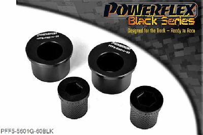 PFF5-5601G-60BLK, BMW E46 3 Series Compact Front Wishbone Rear Bush, Caster Offset, PFF5-5601G-60 offers additional +0.5 of caster over PFF5-5601-60 and is a high performance option to PFF5-4601-60, and aimed at offering greater precision for people wanting the very best from their E46 or Z4. Testing during the development of this bush has indicated stiffness gains of 190% compared with the original rubber bush. This new part, fitted to the rear of the front wishbone has a hard anodised aluminium outer shell with one of our unique low friction polyurethane centre bushes. The poly/alu combination creates a low friction rotating bush reducing the forces acting on the arm. Lower arm deflection has been decreased by reducing the compliant material within the aluminium shell. Results are less movement in the arm under cornering and braking, improving steering control and feel. PFF5-5601-60 is for the earlier models with 60mm bore mounting bracket. Please ensure you have the correct size bush before fitting. 60mm, 2 stuk(s) benodigd  per auto, 2 stuk(s) in verpakking, prijs per set van 2 stuk(s)