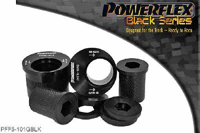 PFF5-101GBLK, Mini Mini Generation 1 (R50/52/53) (2000 - 2006) Front Wishbone Rear Bush, Caster Adjusted, PFF5-101G offers additional +2 of caster and is a high performance option to PFF5-101. Aimed at offering greater precision with improved geometry for people wanting the very best from their Mini. This new part, fitted to the rear of the front wishbone has a hard anodised aluminium outer shell with one of our unique low friction polyurethane centre bushes. The poly/alu combination creates a low friction rotating bush reducing the forces acting on the arm. Lower arm deflection has been decreased by reducing the compliant material within the aluminium shell. Additional caster angle will give more negative camber when cornering giving improved tyre to road contact. Results are improved geometry when turning giving additional grip, steering control and feel with less movement in the arm under cornering and braking. When fitting PFF5-132G Camber Ball Joint, which offers additional negative camber, we recommend using PFF5-101G which neutralises the caster lost by moving the arm position bringing the caster angle back to standard., 2 stuk(s) benodigd  per auto, 2 stuk(s) in verpakking, prijs per set van 2 stuk(s)