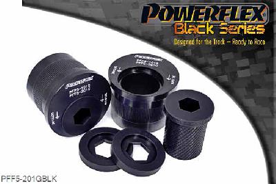 PFF5-201GBLK, Mini Mini Generation 2 (R55/56/57) (2006 - 2013) Front Wishbone Rear Bush, Caster Adjusted, PFF5-201G offers additional +2 of caster and is a high performance option to PFF5-201. Aimed at offering greater precision with improved geometry for people wanting the very best from their Mini. This new part, fitted to the rear of the front wishbone has a hard anodised aluminium outer shell with one of our unique low friction polyurethane centre bushes. The poly/alu combination creates a low friction rotating bush reducing the forces acting on the arm. Lower arm deflection has been decreased by reducing the compliant material within the aluminium shell. Additional caster angle will give more negative camber when cornering giving improved tyre to road contact. Results are improved geometry when turning giving additional grip, steering control and feel with less movement in the arm under cornering and braking., 2 stuk(s) benodigd  per auto, 2 stuk(s) in verpakking, prijs per set van 2 stuk(s)