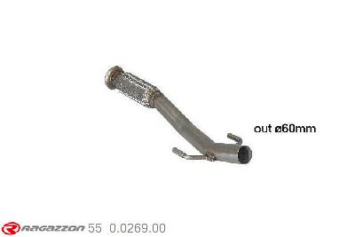 55.0269.00, Peugeot 208 1.6GTi (147kW) 2013-, Stainless steel front pipe with flexible - Oversized exhaust pipe diameter 60 mmCut of the original flexible pipe towards the centre silencer. The installation on the original centre silencer requires a modification of the original coupling. pipe outer diameter 60mm outer outlet diameter 60mm