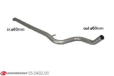 55.0402.00, Peugeot 208 1.6GTi (147kW) 2013-, Stainless steel centre pipe group N - Oversized exhaust pipe diameter 60 mmCut of the original centre silencer towards the rear silencer. The installation on the original rear silencer requires a modification of the original coupling. inner input diameter 60mm with reduction to  55mm pipe outer diameter 60mm outer outlet diameter 60mm