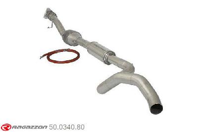 50.0340.80, Renault Megane III Coupe 2.0RS (184 / 195kW) 2009-, Metallic catalyst 200cpsi + Stainless steel centre silencer - Oversized exhaust pipe diameter 70 mmCut of the original centre silencer towards the rear silencer. The installation on the original rear silencer requires a modification of the original coupling., To be instaled together with 55.0245.00 pipe outer diameter 70mm outer outlet diameter 70mm