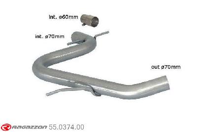 55.0374.00, VW Golf VI 2.0 GTI TSI (155kW) Oversized Diameter 70mm 2009-, Stainless steel centre pipe group N - Oversized exhaust pipe diameter 70 mmCut of the original centre silencer. For the installation on the original rear silencer is necessary to order a coupling, which is indicated in the catalogue. inner input diameter 70mm with reduction to  60mm pipe outer diameter 70mm outer outlet diameter 70mm