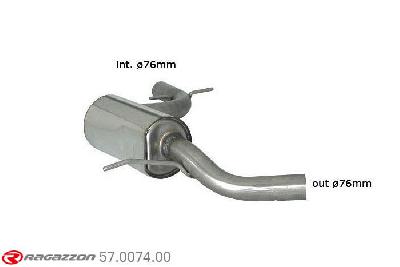 57.0074.00, VW Golf VI 2.0 GTI TSI (155kW) Oversized Diameter 76mm 2009-, Stainless steel centre silencer - Oversized exhaust pipe diameter 76 mmOversized exhaust pipe diameter. Not compatible with the pipe diameter of the original line. inner input diameter 76mm pipe outer diameter 76mm outer outlet diameter 76mm