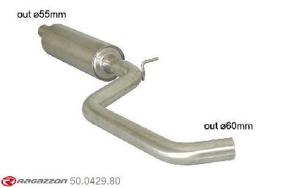 50.0429.80, VW Golf VII 1.4TSI (92kW) 2014-, Stainless steel centre silencer - Oversized exhaust pipe diameter 60 mmCut of the original centre silencer. For the installation on the original rear silencer is necessary to order a coupling, which is indicated in the catalogue. outer input diameter 55mm pipe outer diameter 60mm outer outlet diameter 60mm