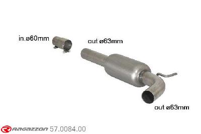 57.0084.00, VW Polo 6R 2.0R WRC Street (162kW) 2013-, Stainless steel centre silencer - Oversized exhaust pipe diameter 63,5 mmCut of the original centre silencer towards the rear silencer. The installation on the original rear silencer requires a modification of the original coupling. inner outlet diameter 63,5mm with reduction inner diameter  60mm pipe outer diameter 63,5mm outer outlet diameter 63,5mm