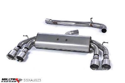 SSXAU523, Audi S/RS S3 2.0 TFSI quattro 3-Door 8V 2013- Milltek, Cat-back system, Non-Valved Race System. Non-resonated (louder). Quad Round Polished Tips Quad 100mm GT100 Polished, 3 inch, 76,2mm