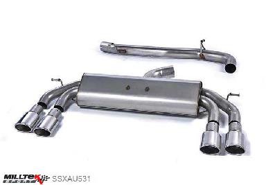 SSXAU531, Audi S/RS S3 2.0 TFSI quattro Sportback 8V 2013- Milltek, Cat-back system, Non-Valved Race System. Non-resonated (louder). Quad Oval Polished Tips 104x80mm Oval, 3 inch, 76,2mm