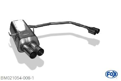 BM021054-008, BMW E36 316/ 318/ 320/ 323/ 325/ 328 - Sonderendrohr 1.6l 75kW 1.8l 83/85kW 2.0l 110kW 2.5l 120/125kW 2.5l 141kW 2.8l 142kW, Einddemper met uitgang rechts/links - 2x76mm  Type 10 rechts/links 55mm Buisdiameter Geheel RVS, Absortie demper, mooie diepe sound, Teilegutachten (eintragungspflichtig)