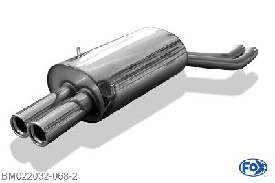 BM022032-068, BMW E46 320/ 323/ 325/ 328/ 330 2.0l 110kW 2.2l 125kW 2.5l 125/141kW 2.8l 142kW 3.0l 170kW, Einddemper dubbele buis - 2x76mm  Type 13 50mm Buisdiameter Geheel RVS, Absortie demper, mooie diepe sound, Met E-keur