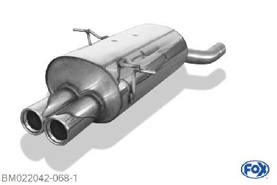 BM022042-068, BMW E46 320/ 323/ 328 2.0l 110kW 2.5l 125kW 2.8l 142kW, Einddemper enkele buis op original MSD - 2x76mm  Type 13 63,5mm Buisdiameter Geheel RVS, Absortie demper, mooie diepe sound, Met E-keur