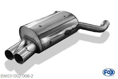 BM031002-008, BMW E39 520i/ 523i/ 525i/ 528i - Limousine 2.0l 100/110kW 2.5l 120/125/141kW 2.8l 142kW, Einddemper met eindstuk 2x76mm  Type 10 Geheel RVS, Absortie demper, mooie diepe sound, Met E-keur