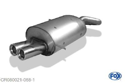 CR080021-068, Chrysler PT Cruiser Limousine & Cabrio 1.6l 85kW 2.0l 104kW 2.4l 105/164kW 2.2l CRD 89kW, Einddemper met eindstuk 2x76mm  Type 13 55mm Buisdiameter Geheel RVS, Absortie demper, mooie diepe sound, Met E-keur