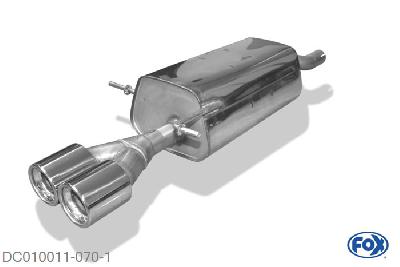 DC010011-070, Dacia Logan Limousine Benzin 1.4l 55kW 1.6l 64/77kW, Einddemper einseitig - 2x80mm  Type 13 Geheel RVS, Absortie demper, mooie diepe sound, Met E-keur