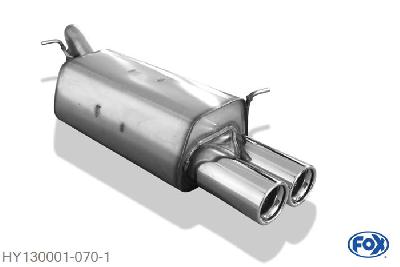 HY130001-070, Hyundai Getz - 3/5 turer 1.1l 46/49kW 1.3l 60/63kW 1.6l 77kW 1.5l CRDi 60kW, Einddemper met eindstuk 2x80mm  Type 13 Geheel RVS, Absortie demper, mooie diepe sound, Teilegutachten (eintragungspflichtig)