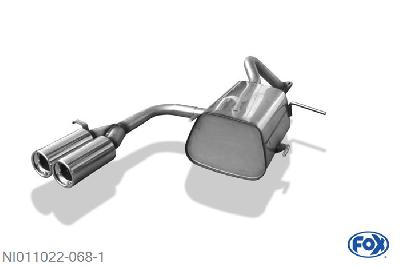 NI011022-068, Nissan Micra K11 1.0l 40kW 1.3l 55kW, Einddemper met midden uitgang  - 2x76mm  Type 13 40mm Buisdiameter Geheel RVS, Absortie demper, mooie diepe sound, Met E-keur