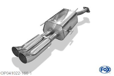 OP041022-166, Opel Astra G Stufenheck 1.4l 66kW 1.6l 55/62/74/76kW 1.8l 85/92kW 2.0l 100kW 2.2l 108kW 1.7l TD 50kW 1.7l TDI 55kW 2.0l DI 60kW 2.0l TD 74kW 2.2 DTi 92kW, Einddemper met eindstuk 2x76mm  Type 18 50mm Buisdiameter Geheel RVS, Absortie demper, mooie diepe sound, Met E-keur