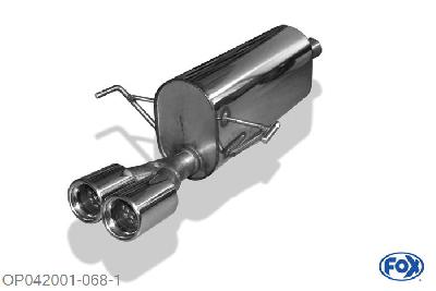 OP042001-068, Opel Astra H/ Astra H GTC 1.2l 59kW 1.4l 66kW 1.6l 77/85kW 1.8l 92/103kW 1.2l D 66kW 1.7l CDTi 59/74/81/92kW 1.9l CDTi 74/88/110kW, Einddemper einseitig - 2x76mm  Type 13 55mm Buisdiameter Geheel RVS, Absortie demper, mooie diepe sound, Met E-keur