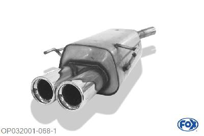 OP032001-068, Opel Corsa C 1.0l 43/44kW 1.2l 55/59kW 1.4l 66kW 1.8l 92kW 1.3l D 51kW 1.7l D 48/55kW, Einddemper met eindstuk 2x76mm  Type 13 45mm Buisdiameter Geheel RVS, Absortie demper, mooie diepe sound, Met E-keur