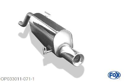 OP033011-071, Opel Corsa D 1.0l 44kW 1.2l 51/59/63kW 1.4l 64/66/74kW 1.3l D 55/66kW, Einddemper met eindstuk 1x90mm  Type 13 50mm Buisdiameter Geheel RVS, Absortie demper, mooie diepe sound, Met E-keur