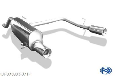 OP033003-071, Opel Corsa D 1.0l 44kW 1.2l 51/59/63kW 1.4l 64/66/74kW 1.3l D 55/66kW, Einddemper met uitgang rechts/links - 1x90mm  Type 13 rechts/links 50mm Buisdiameter Geheel RVS, Absortie demper, mooie diepe sound, Met E-keur