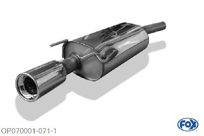 OP070001-071, Opel Tigra A 1.4l 66kW 1.6l 78kW, Einddemper met eindstuk 1x90mm  Type 13 50mm Buisdiameter Geheel RVS, Absortie demper, mooie diepe sound, Met E-keur