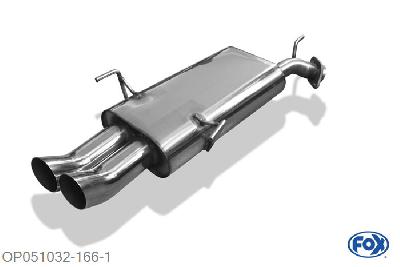 OP051032-166, Opel Vectra B - Bj. 94`-9/99` 1.6l 55/74kW 1.8l 85/92kW 2.0l 100kW 2.2l 108kW 2.5l 125kW 2.5l i500 143kW 1.7l D 60kW 2.0l DI/DTI 16V 60/74kW 2.2l DTI 92kW, Einddemper O55mm - 2x76mm  Type 18 55mm Buisdiameter Geheel RVS, Absortie demper, mooie diepe sound, Met E-keur