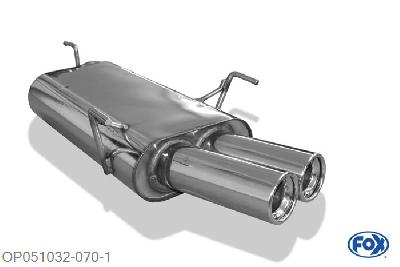 OP051032-070, Opel Vectra B - Bj. 94`-9/99` 1.6l 55/74kW 1.8l 85/92kW 2.0l 100kW 2.2l 108kW 2.5l 125kW 2.5l i500 143kW 1.7l D 60kW 2.0l DI/DTI 16V 60/74kW 2.2l DTI 92kW, Einddemper O55mm - 2x80mm  Type 13 55mm Buisdiameter Geheel RVS, Absortie demper, mooie diepe sound, Met E-keur