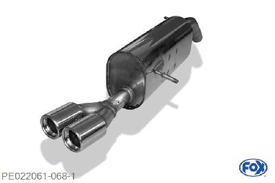 PE022061-068, Peugeot 208 GTI 1.6l 147kW, Einddemper met eindstuk 2x76mm  Type 13 55mm Buisdiameter Geheel RVS, Absortie demper, mooie diepe sound, Met E-keur